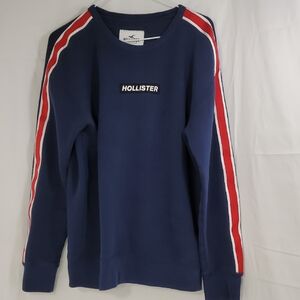 Hollister Blue and Red Crewneck Sweater with Sporty Stripes